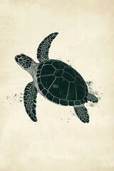 Fototapeta premium minimalistic illustration of turtle with dark green color palette, featuring intricate line work and textured background. This artwork captures essence of marine life