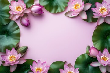 Moldura floral com flor de lótus rosa e folhas verdes vibrantes sobre fundo rosa suave, criada com IA generativa para um design delicado e natural