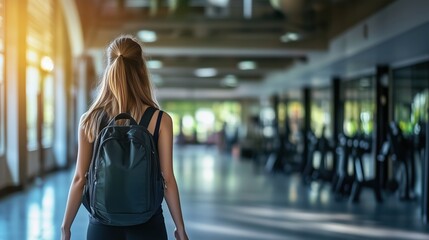 Young woman confidently walking on college campus with sports bag, preparing for first day of classes in morning light