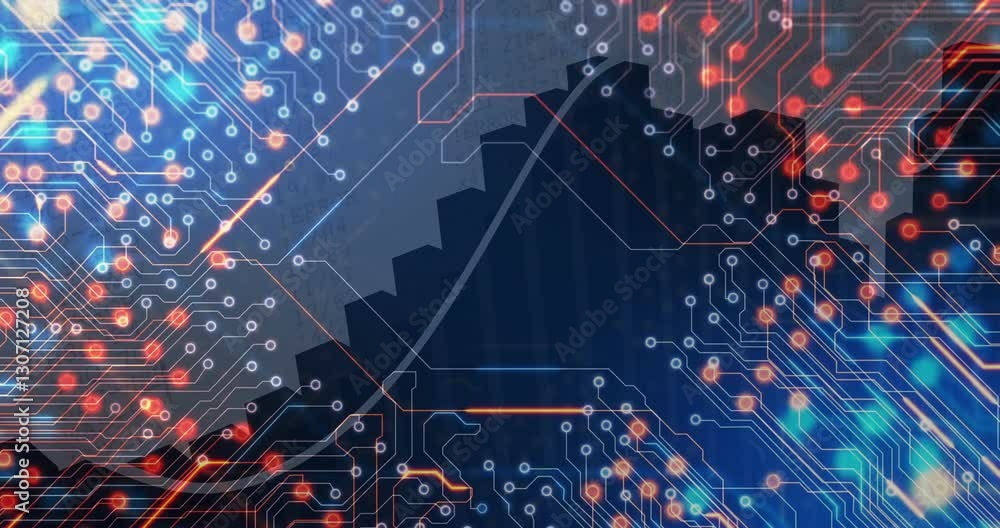 Poster animation of circuit board pattern overlaying abstract geometric shapes and lines