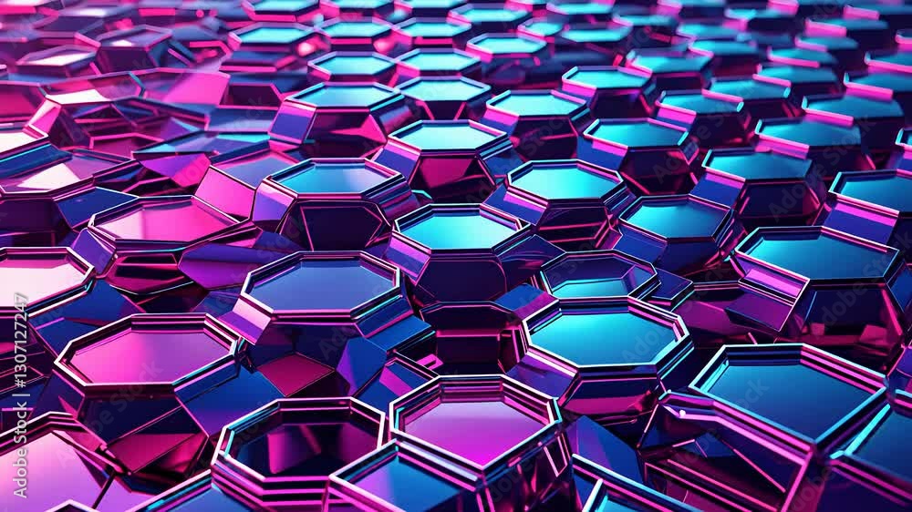 Poster futuristic metallic hexagonal pattern with reflective surfaces and vibrant neon blue and pink lighti