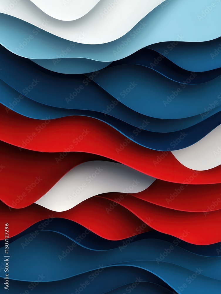 Poster dynamic layered waves in red, blue, and white create a powerful paper art background for national pr