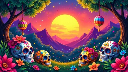 Vibrant Sunset Landscape Featuring Ornate Sugar Skulls Adorned with Flowers and Festive Ornaments Hanging from Lush Trees