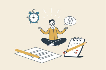 Self discipline or self control to complete work or achieve business target, time management to increase productivity concept, businessman meditate balancing clock and calendar on completed task paper