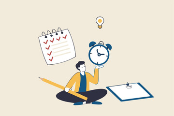 Self discipline or self control to complete work or achieve business target, time management to increase productivity concept, businessman meditate balancing clock and calendar on completed task paper