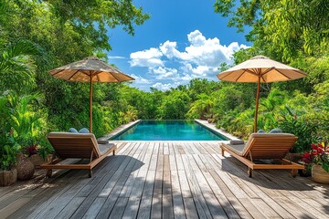 Luxurious Wooden Deck with Sun Loungers and Umbrella by the Pool: Lush Tropical Garden and Sunny Blue Sky