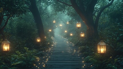 A mysterious forest pathway lit by lanterns, surrounded by dense trees and soft fog, enchanting and mystical atmosphere, ultra-detailed, 4K.