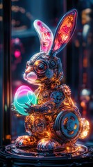 Design a steampunk Easter bunny with elaborate mechanical gears, clutching a vibrant neon egg, in a retro-futuristic style
