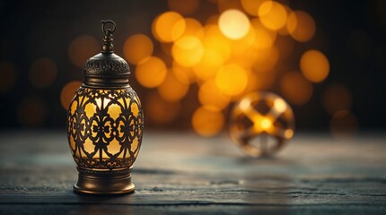 Radiant Lantern: An intricate, antique lantern, casting a warm, inviting glow against a blurred backdrop of soft bokeh lights, sits on a textured surface. 