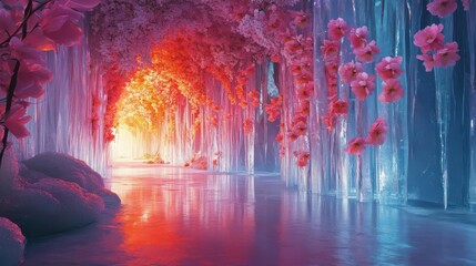 ice thawing to reveal a kaleidoscope of blossoms, fantastical colors, mythical ambiance, 4K digital painting