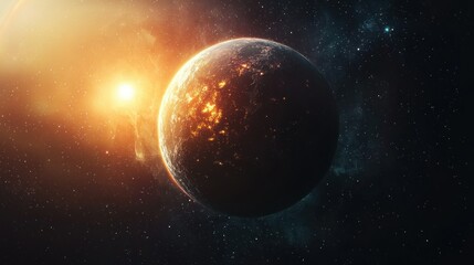 Obraz premium A large planet illuminated by a distant bright celestial sun