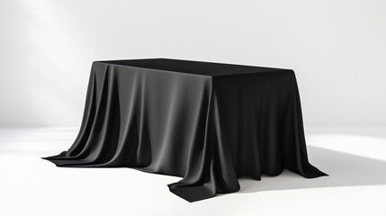 Black tablecloth draped over a rectangular table in a minimalist white studio setting.