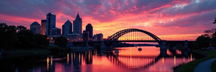 Fototapeta premium Dusk settles on Minneapolis; Stone Arch Bridge silhouette , Stone Arch Bridge, night, light