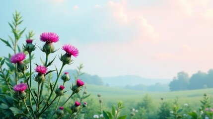 Obraz premium Serene Dawn Pink Thistle Blossoms Gracefully Adorn a Gentle Rolling Landscape Under a Softly Lit Sky