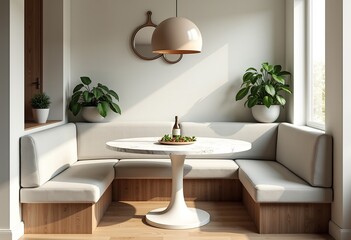 Chic Minimalist Breakfast Corner: Oval Marble Table, Whitewashed Bench Seating, and Natural Elements for a Relaxing Dining Space

