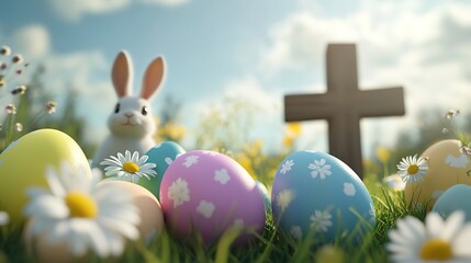 A serene Easter scene showcases a white bunny amidst a variety of colorfully - patterned Easter eggs and daisies on a grassy field, with a cross in the background under a partly cloudy sky, 