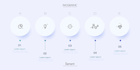 Vector business infographic 3d circle label timeline template with 5 options. Layout info graphic design element for icon, information, presentation, report, diagram, chart, banner. Business concept