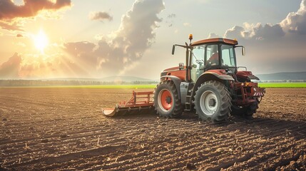 Fototapeta premium Tractor plowing field at sunset: agriculture and farming efficiency in rural landscape.