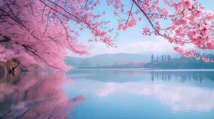 A crystal-clear lake reflecting pink cherry blossoms and a soft blue sky