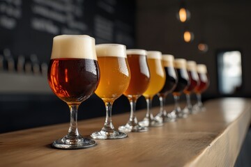Row of beer glasses showing a variety of beer colors in a brewery