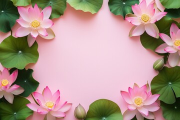 Moldura floral com flor de lótus rosa e folhas verdes vibrantes sobre fundo rosa suave, criada com IA generativa para um design delicado e natural