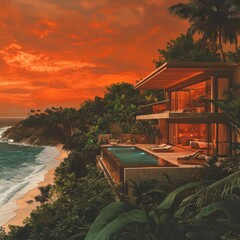 Fototapeta premium Illustrate a lavish beachfront villa with a private infinity pool, surrounded by lush greenery, under a fiery orange sky