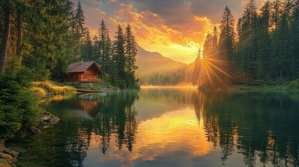 A peaceful lakeside view with golden reflections of sunset, surrounded by dense pine forests, serene and calming atmosphere, ultra-realistic, high resolution.