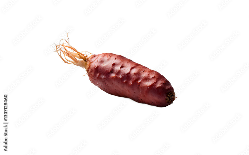 Poster a single tuber of oca with a reddish skin, isolated on a empty plain background