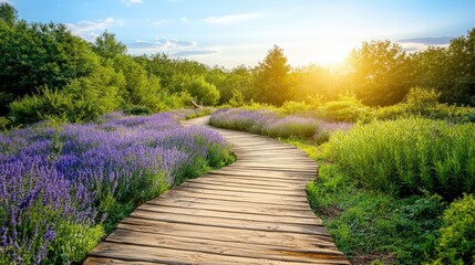 Close-up of a rustic wooden boardwalk weaving through a sea of vibrant lavender, highlighting its rich wood grain against the vivid purple blooms