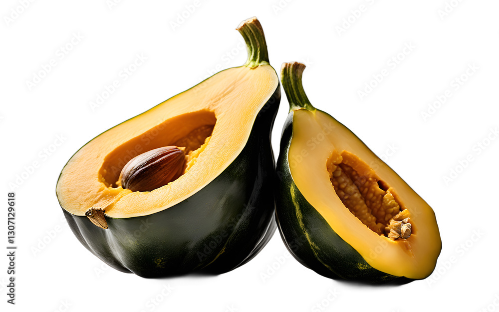 Poster A sliced acorn squash showing its yellow-orange flesh, isolated on a empty plain background
