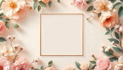 Floral Frame with Peach Roses and Blank Square for Message