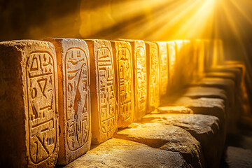 Ancient stone tablets inscribed with mysterious symbols and runes, illuminated by golden sunlight