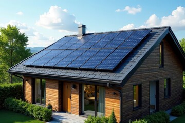 Modern black solar panels installed on a residential roof , renewable energy, solar power