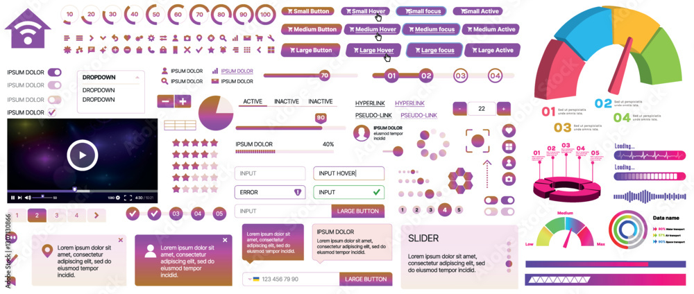 Poster set of ui/ux elements for websites and mobile applications: buttons, forms, menus, panels, icons, lo