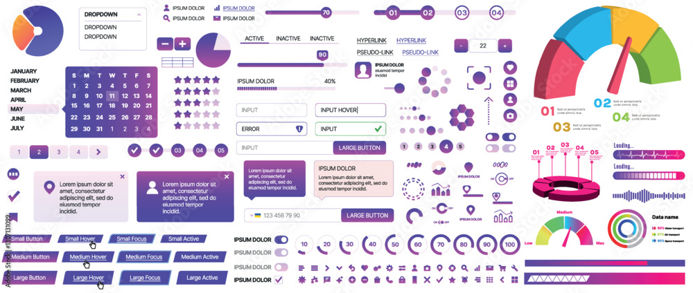 Poster set of ui/ux elements for websites and mobile applications: buttons, forms, menus, panels, icons, lo
