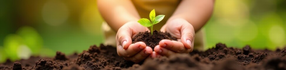 Children's hands nurturing a sprout, sunny outdoor setting, children, environmentally, environment
