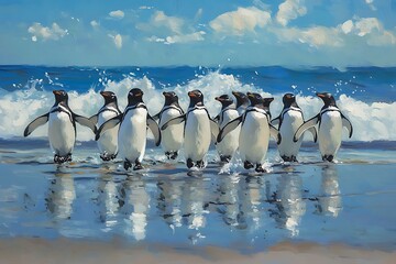 Gentoo Penguins Walking on Beach, Ocean Waves, Wildlife Painting