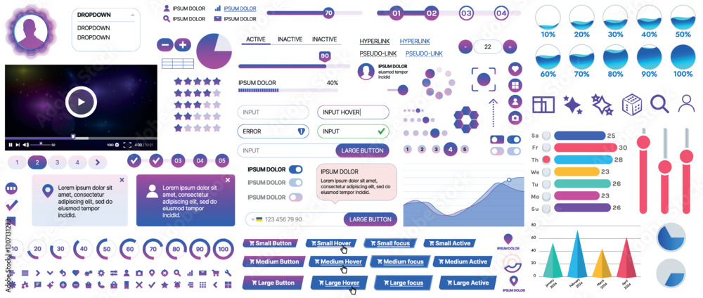 Poster set of ui/ux elements for websites and mobile applications: buttons, forms, menus, panels, icons, lo