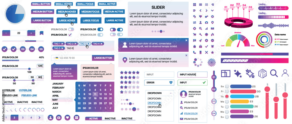 Poster set of ui/ux elements for websites and mobile applications: buttons, forms, menus, panels, icons, lo