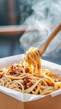 Steaming hot pasta in a paper box showcasing rich Italian flavors