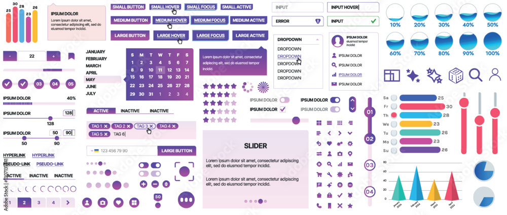 Poster set of ui/ux elements for websites and mobile applications: buttons, forms, menus, panels, icons, lo