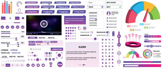 Set of UI/UX elements for websites and mobile applications: buttons, forms, menus, panels, icons, login, payment, rating. Modern design for convenient interaction and business planning