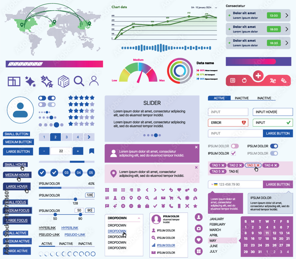 Poster set of ui/ux elements for websites and mobile applications: buttons, forms, menus, panels, icons, lo