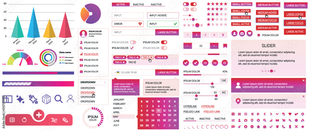 Poster set of ui/ux elements for websites and mobile applications: buttons, forms, menus, panels, icons, lo