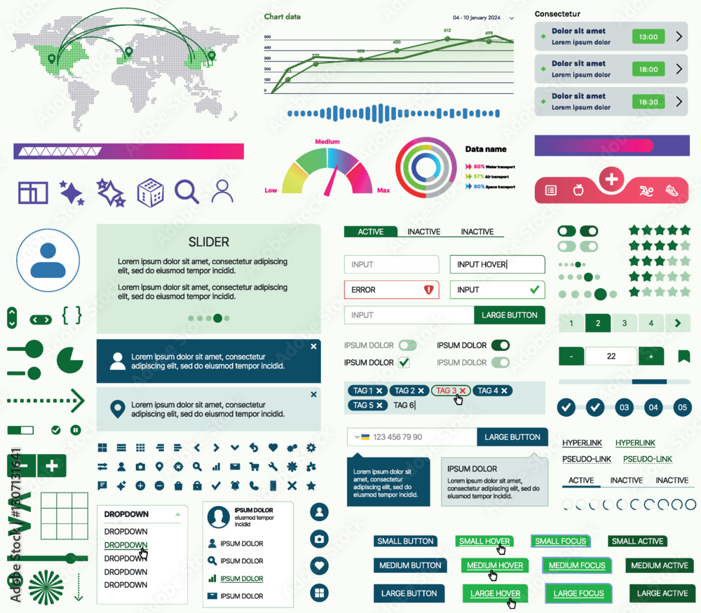 Poster set of ui/ux elements for websites and mobile applications: buttons, forms, menus, panels, icons, lo