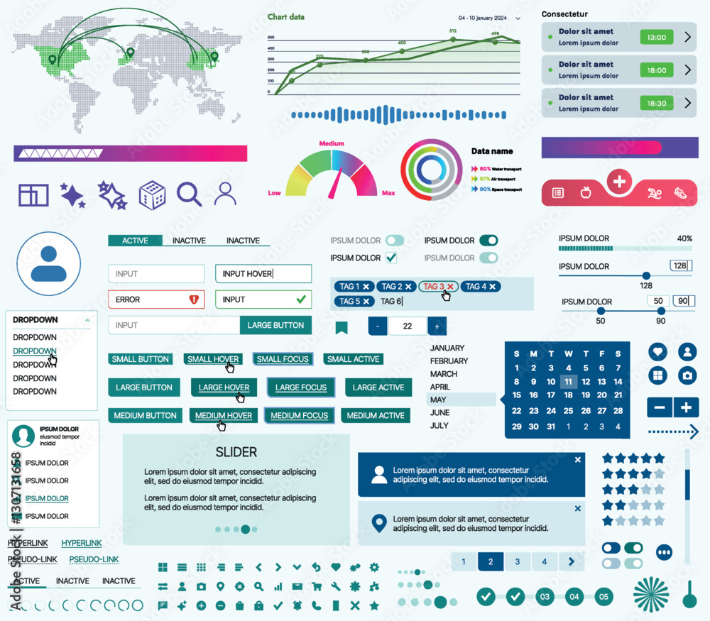 Poster set of ui/ux elements for websites and mobile applications: buttons, forms, menus, panels, icons, lo
