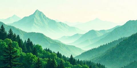 Fototapeta premium Serene Vista of Verdant Mountains and Lush Forests Under a Soft, Hazy Sky