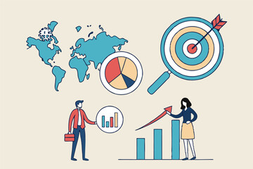 Customer research for marketing, study user behavior or analyze target group for advertising and marketing concept, businessman looking at big magnifier with customer group to see data analysis.