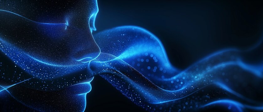 Abstract Digital Art of a Face Exhaling Blue Energy Particles, Futuristic and Mystical