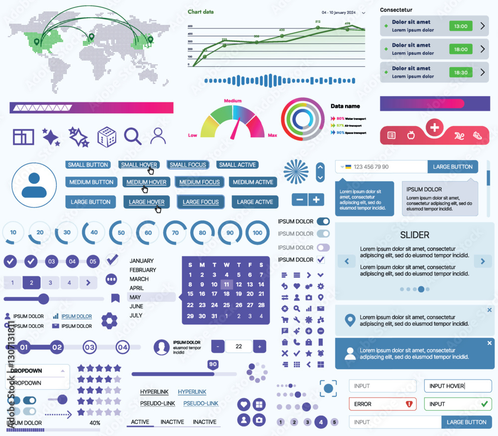 Wall mural set of ui/ux elements for websites and mobile applications: buttons, forms, menus, panels, icons, lo
